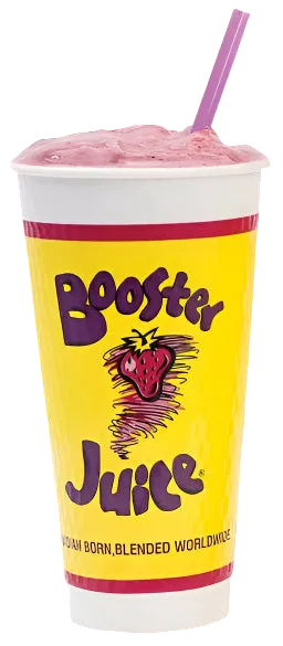 A pink blended drink in a white plastic cup with a yellow label reading Booster Juice, topped with a pink straw, shown against a black background.