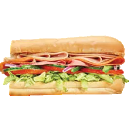 Submarine sandwich with deli meats, tomatoes, and lettuce on a white background